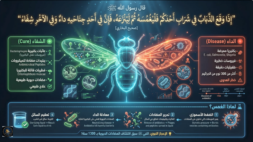 الاعجاز العلمي في حديث النبي ﷺ (إِذَا وقَعَ الذُّبَابُ في شَرَابِ أحَدِكُمْ ) كيف علمه قبل 1400 عام